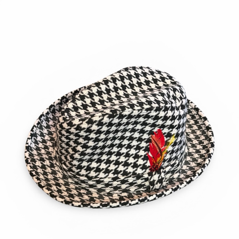 Park Royal Blk/WhiBAMA Houndstooth Fedora Hat Size 7 1/4 Roll Tide Feather  USA